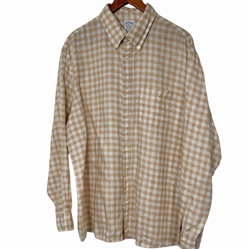 Brooks Brothers Mens XXL Tan White Gingham Linen Shirt Regent Fit Button Down - Picture 2 of 9